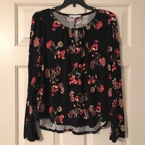 Bell sleeved black floral top, size S